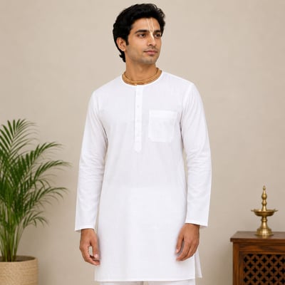 Classic White Cotton Kurta for Men (Full Sleeve) - Classic White Cotton Kurta for Men (Full Sleeve) [Medium]